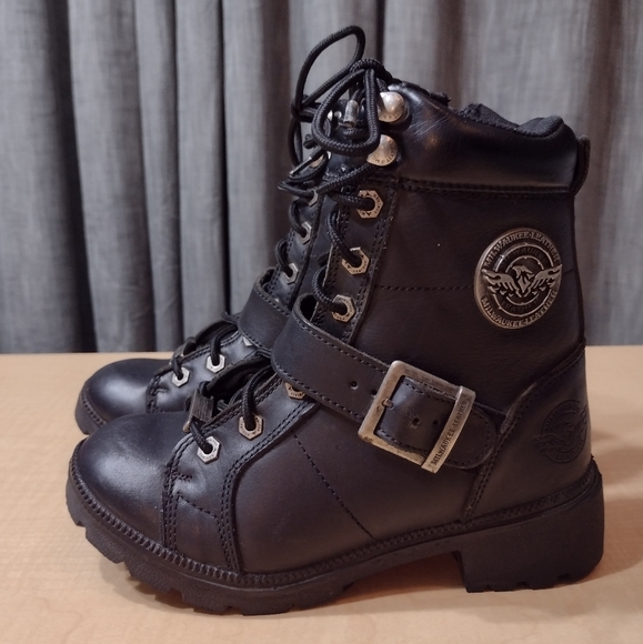 Milwaukee Black Leather Motorcycle Lace Up Boots Size 5 - Picture 1 of 13